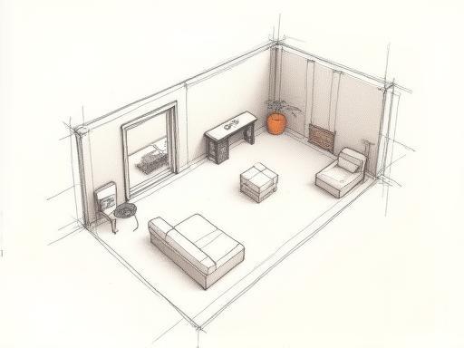 Architectural sketch of a calm room layout with notes